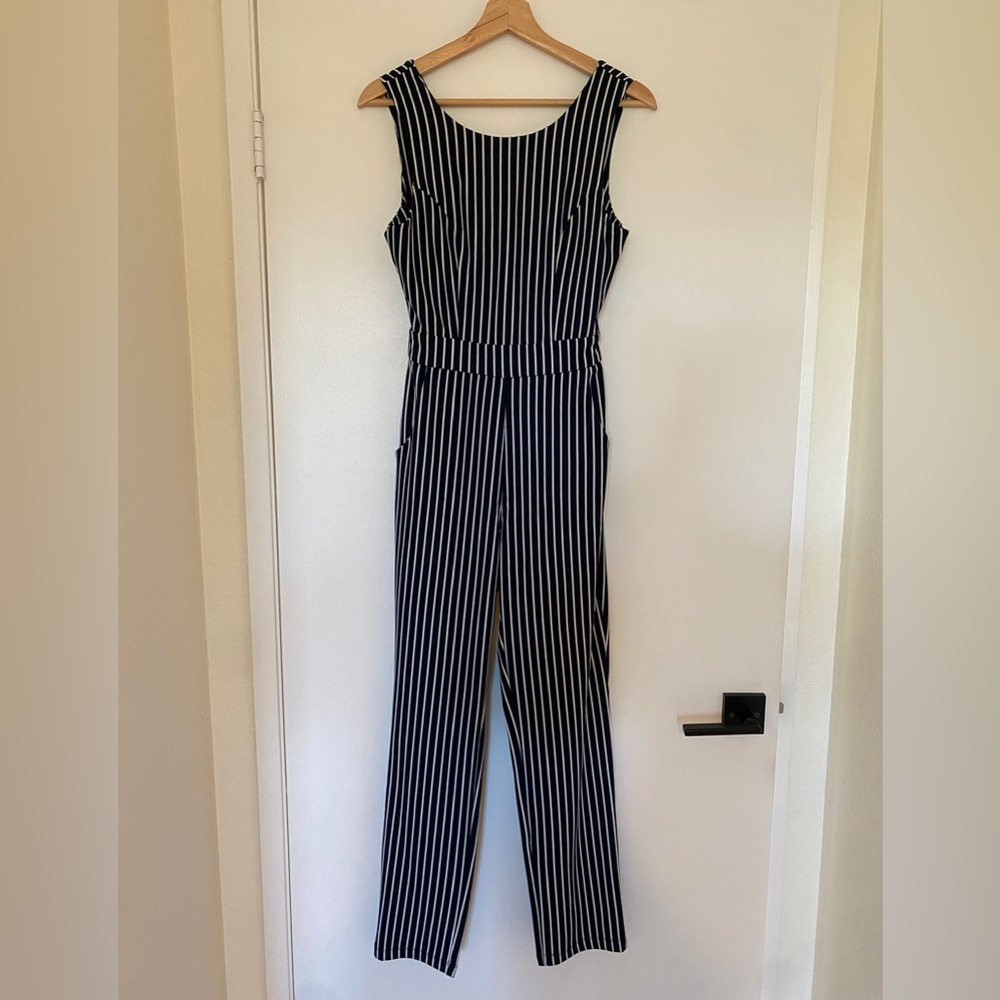 Navy and white stipe jumpsuit.